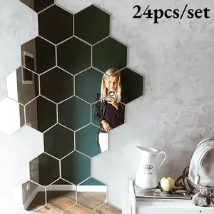 24pcs 5.91-Inch Hexagon Mirror Wall Stickers - DIY Removable Mirror Decals, Easy to Install. Suitable for Living Room, Classic Home Decor Accessories, Mirror Wall Decor