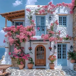 Aegean White House, Blue Windows Adorned With Bougainvillea, Stone Courtyard With Potted Greenery, Blue Sea And Sky, Modern Floral Paintings, Mediterranean Freshness And Romance, Diamond Painting Kit Full Drill Square Drill Home Wall Decor Gift