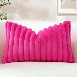 Faux Rabbit Fur Decorative Throw Pillow Cover 12x20 Inch Soft Cozy Plush Striped Pillowcase Velvet Cushion Cover for Sofa Couch Bed Living Room