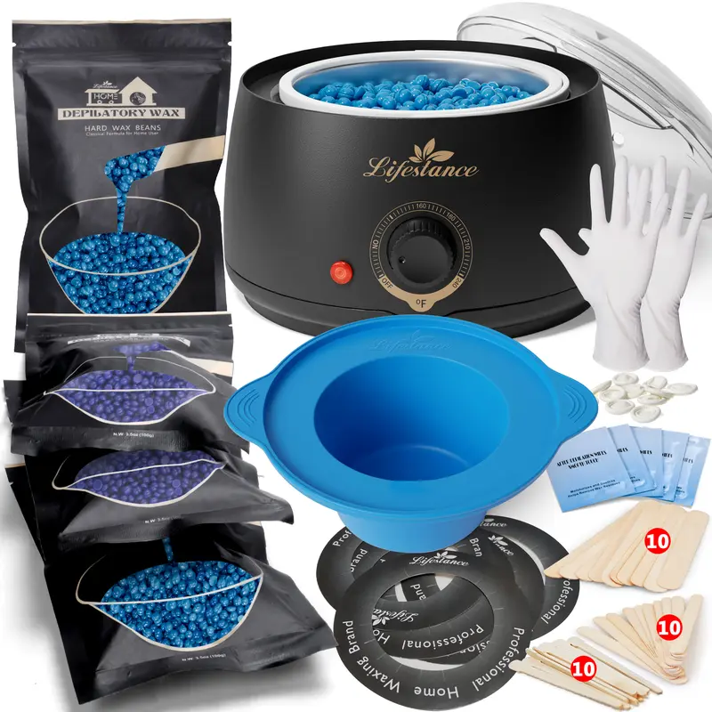 Lifestance Beginner’s All-in-1 Digital Warming Wax Kit - L1 Hard Wax Warmer, 3.5oz Beads, Soft Almond Oil, Gloves, Cleansing Support, Gentle Skin Health Shaving-Free Waxing for Sensitive Women’s At-Home Use (Coarse Hair Blue Body Care Gift Pack)