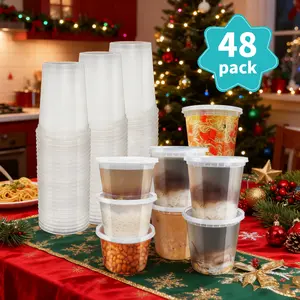 48-Set Disposable Transparent Plastic Kitchen Food Storage & Soup Containers with Lids, Heat-Resistant, Microwaveable, Leak-Proof, Reusable, Freezer-Friendly (8/24/32 oz) for Christmas, Thanksgiving Gatherings