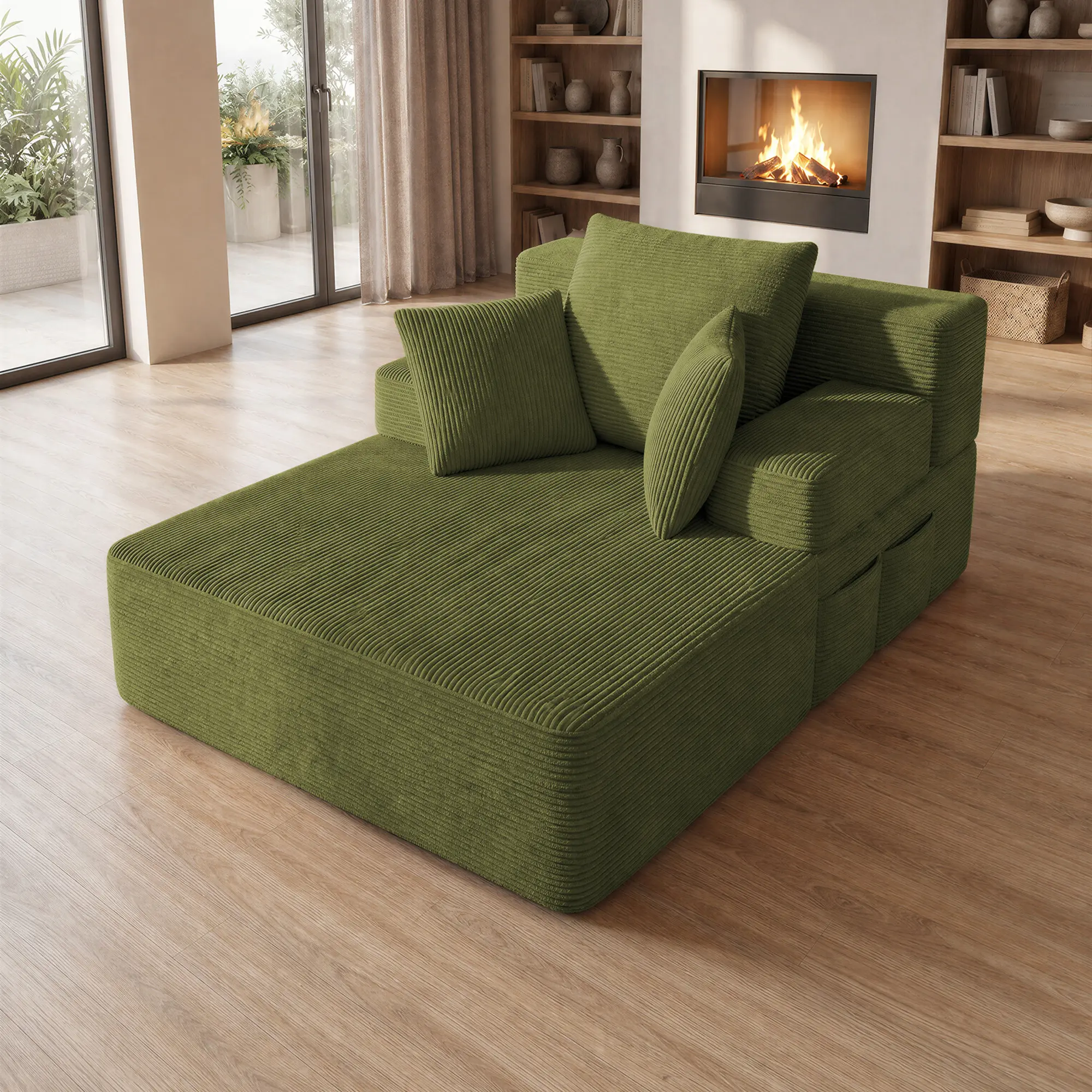 Avocado Green Modular Corduroy Tofu Block Sofa  Multi-layout Convertible Lazy Sofa Bed with Storage