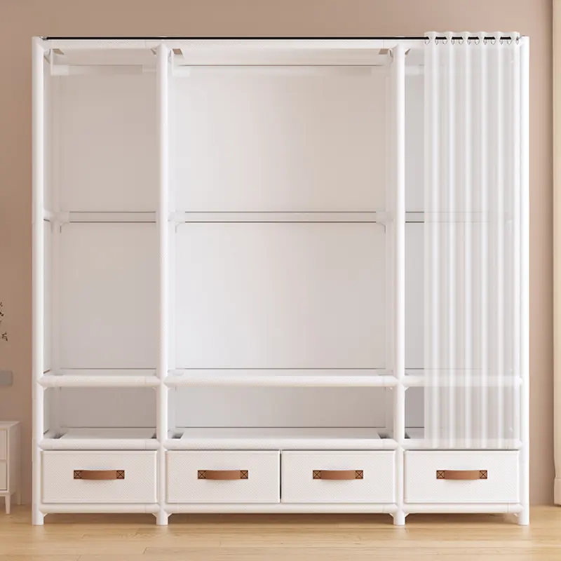 56-in Large White Japanese-Style Armoire Closet Organizer - Single Unit Freestanding Portable Wardrobe, 3 Hanging Rods, 4 Drawers, 6 Shelves, Heavy-Duty Clothes Organizer Cabinet, Non-Woven Fabric Closet System for Bedroom, Entryway