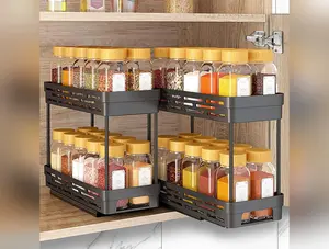 2 Packs Pull Out Spice Rack Organizer for Cabinet, Slide Out Spice Racks Organizer, Easy to Install Spice Cabinet Organizers, 4.33''Wx10.4''Dx8.5''H, Each Tier Hold 10 Spice Jars - 2 Tier Smooth Basket Installation Kitchen Metal