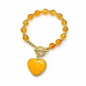 Natural Citrine Beaded Bracelet with Golden Heart Charm – Abundance & Positive Energy Jewelry