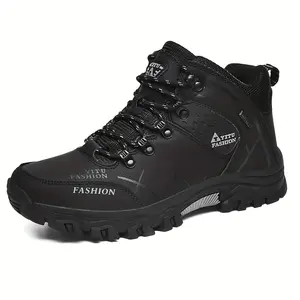Mens Sturdy Comfortable High Top Hiking Boots - Premium Anti-Slip Lace-Up Shoes for Adventure-Ready Nature Lovers - Solid Color, All-Terrain Ready