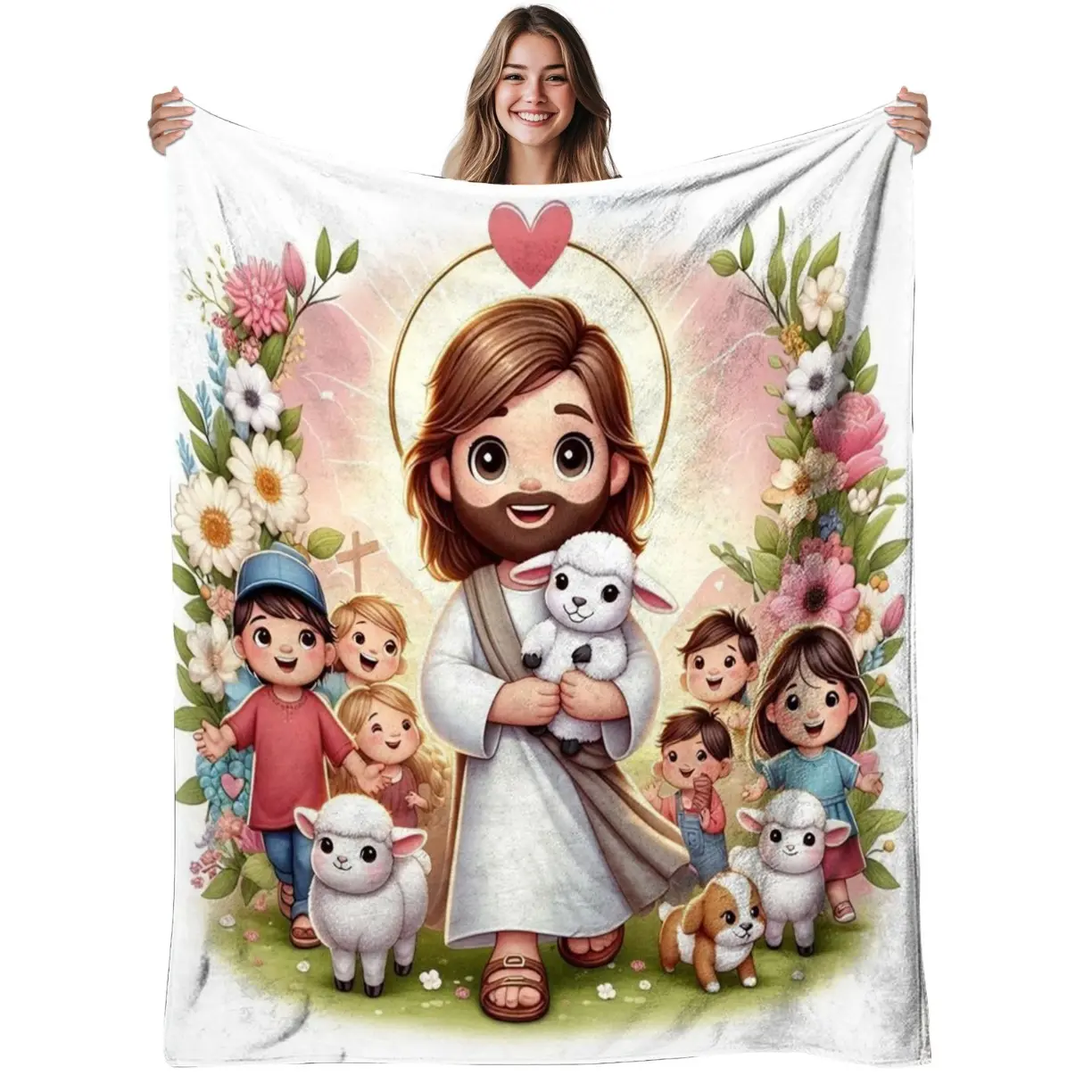 Jesus with Lambs Polyester Throw Blanket - Soft, Warm, Breathable, Cute Printed, Contemporary Style, Machine Washable, All Seasons Use, for Living Room, Christmas Decor