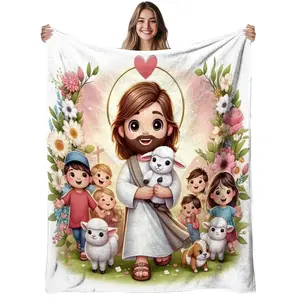 Jesus with Lambs, Flannel Blanket Soft, Warm, Cute Design Printed Pattern, for Living Room, Bedroom, Sofa, AllSeason Use, Halloween | christmas | room decor | fall decorations for home, Cozy Blanket, Contemporary Style, Decorative Throw