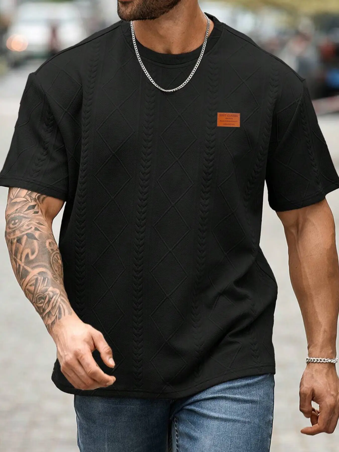 Men's Regular Fit Jacquard Tee, Casual Style Tee, Casual Round Neck Short Sleeve T-shirt for Summer, Fashion Men's Top for Daily Wear, Casual Clothing, Menswear