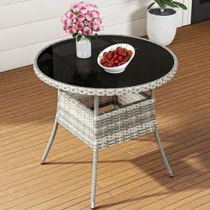 Yitahome 31.5" Patio Table for 4-Person, Outdoor Patio Wicker Round Dining Table, All-Weather Rattan Bistro Dining Table w/Glass Tabletop for Backyard Deck Porch Poolside, Gray