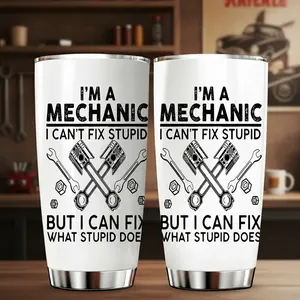 1pc 20oz Stainless Steel Tumbler, Funny Mechanic Quote with Tools and Engine Piston Design, Black and White Retro Style, with Lid and Straw, Keep Hot 12H/Ice Drinks 24H, Great for Garage, Work, Travel, Unique Gift for Mechanics, Men and Friends.