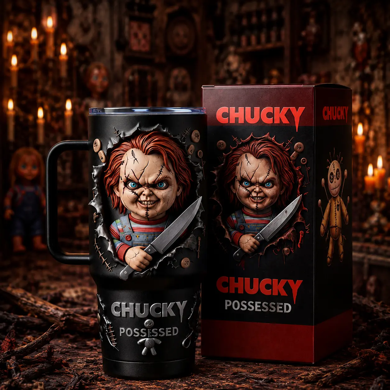 Chucky Possessed 40oz Stainless Steel Tumbler With Handle, Horror Movie Collector Vacuum Insulated Stainless Steel Travel Mug Gift, Halloween Theme Tumbler