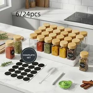 Glass Spice Jar Set with Bamboo Lids & Labels, Airtight Containers for Organizing Kitchen Herbs & Seasonings