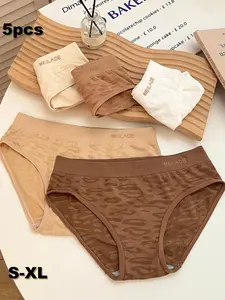 Women's Cotton Leopard Print Underwear Set, 5 Pack Soft Breathable Low Waist Panties, Comfortable Ladies' Inner Wear, Womenswear