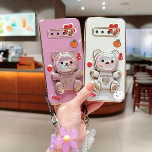 S10+ Fashion Series Fashion Strap Lanyard Phone Holder Case For Compatible With Samsung Galaxy S10 Plus PC Cover and Impact Resistant Cute Bear with Adorable Fruits Flowers Protector Cases