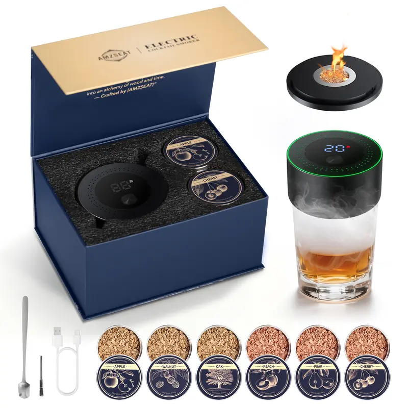 AMZSEAT Electric Whiskey Smoker Kit with Built-in Lighter Rechargeable Design No Butane Needed Includes 6 Wooden Chips for Bourbon Lovers Bakeware,Valentine's Day gift