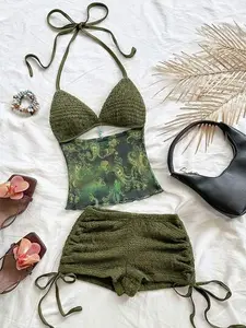 FENGDUAN Trendy Streetwear Soleia Vintage V-Neck Halter Backless Top and Low Waist Ruched Shorts Set for Party