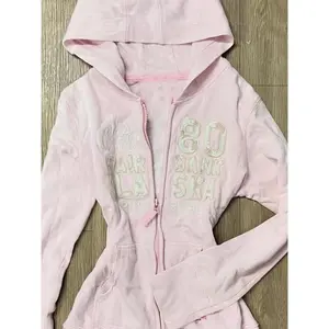 New Vintage Pink Letter Print Long Sleeve Hoodie Women Autumn Y2k Slim Zipper Thin Hooded Coat Hot Girl Casual Retro Clothing