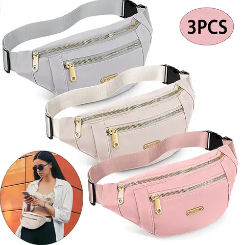 3 Pcs Waterproof Fanny Packs for Women, Men - Adjustable Strap Waist Pouch for Sports, Travel - Gym Accessories in Grey, Pink, Beige - Girl-Friendly Home Organizer Storage Bag