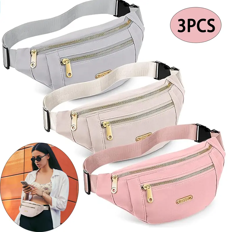 3 Pcs Waterproof Fanny Packs for Women, Men - Adjustable Strap Waist Pouch for Sports, Travel - Gym Accessories in Grey, Pink, Beige - Girl-Friendly Home Organizer Storage Bag