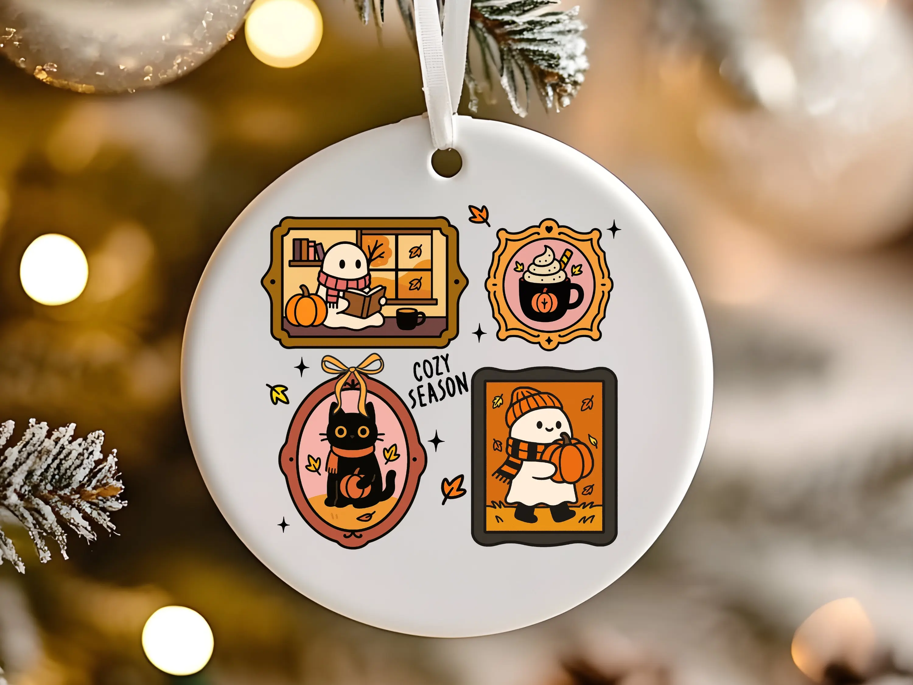 Cozy Season Fall Ghost & Cat Ceramic Ornament Cute Halloween Fall Holiday Decor Christmas & Halloween Ceramic Ornaments