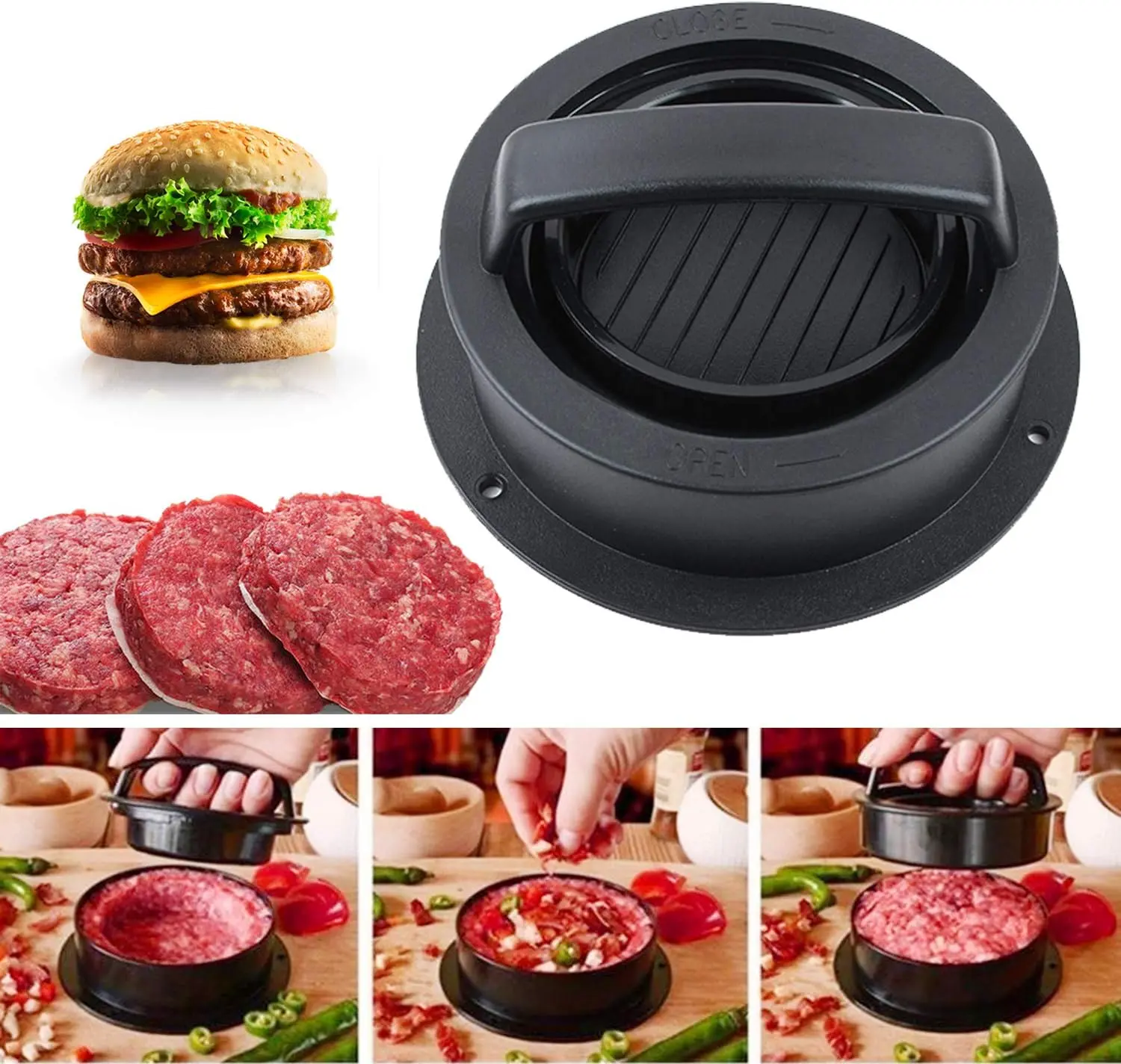Burger Press Hamburger Patty Maker Slider Press Stuffed Burger Patty Press Regular Burger Patties Cookery Mold 3 in 1 Non Stick Kitchen Barbecue Tool