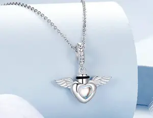 18K 925 Sterling Silver Exquisite Moonstone Heart Wings Cremation Keepsake Charm Pendant