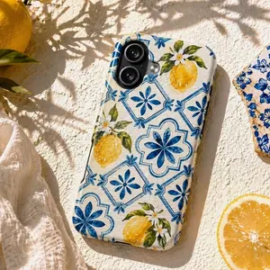 Lemon Coastal Tile Phone Case Blue Mediterranean Pattern Amalfi Coast Aesthetic iPhone Case Italian Summer Citrus Tile Design S