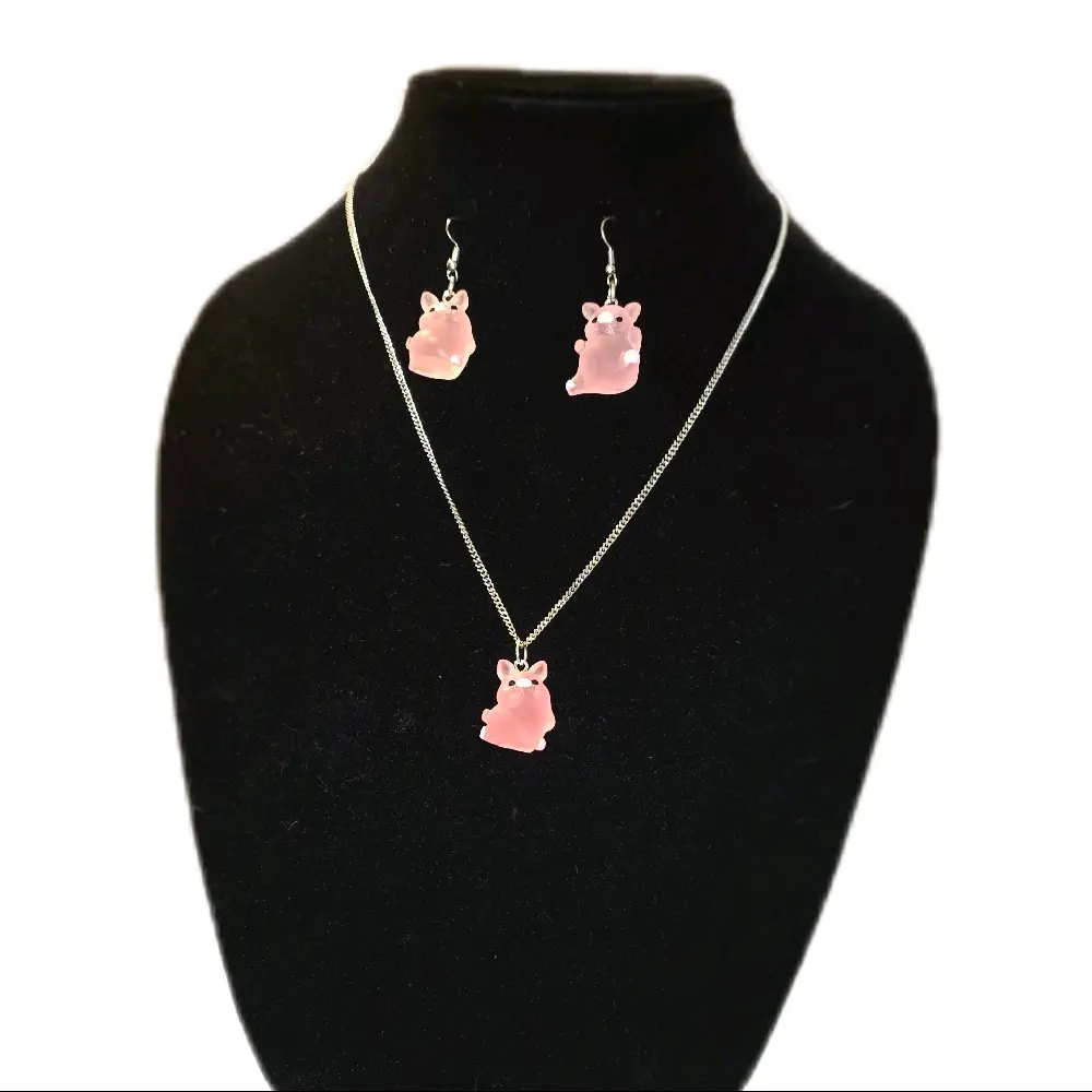 Piggy Necklace and Earrings Set So Adorable Pink Pig Charms on Silver Chains