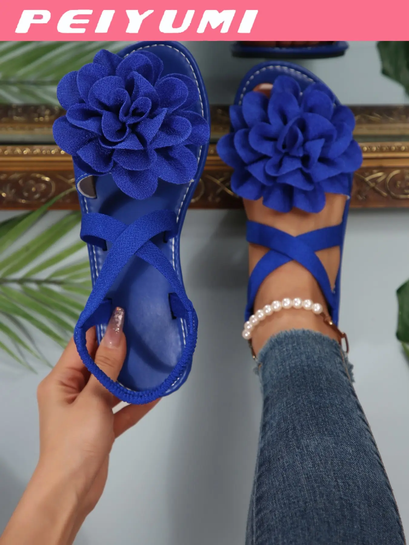 Women's Fashion Sandals with Elegant Flower Decoration and Cross Strap Design, Comfortable and Versatile, Multiple Color Options, Footwear, Dressy Flat Sandals, Elegant Floral Sandals