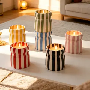 Dopamine Stripe Ceramic Candle Holder, Nordic Style Vintage Atmosphere, Bedroom Desktop Decor, Scented Candle Container, Gift Idea, Tea Light Candle Holders