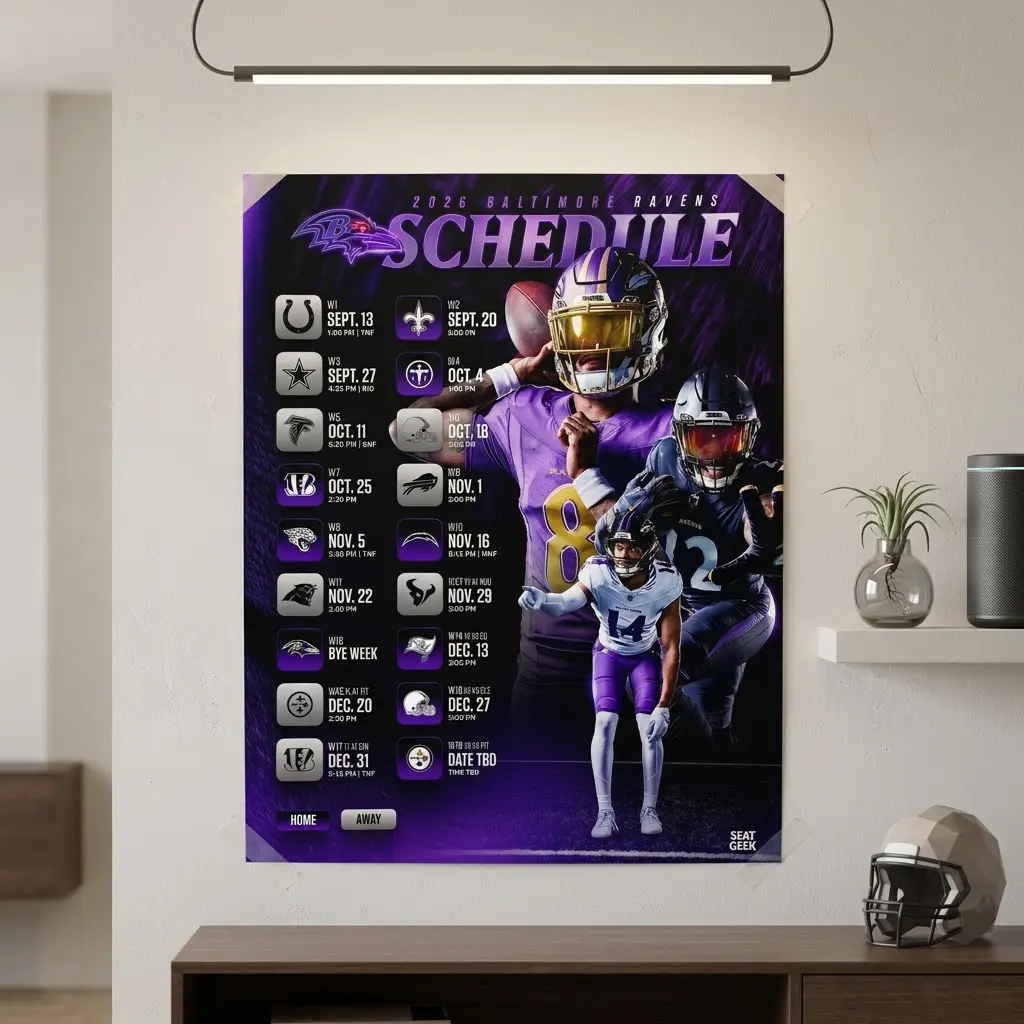 Baltimore Ravens NFL 2026 Season Schedule All Kickoffs Poster - No Frame