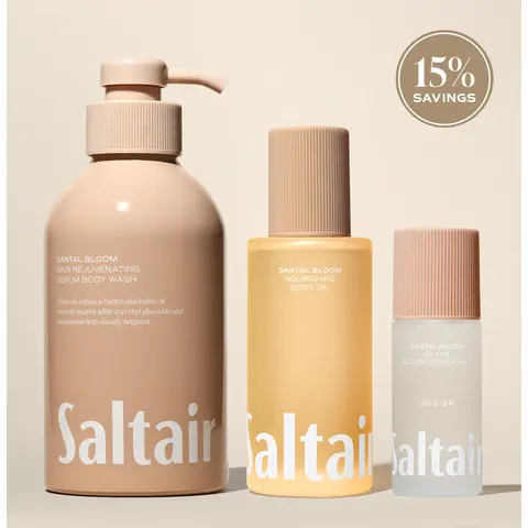 Saltair Santal Bloom Essentials Set - Serum Body Wash (17 fl oz), Nourishing Body Oil (4 fl oz) & AHA Serum Roll-On Deodorant (1.7 fl oz) Bundle for Soft, Glowing Skin - Creamy Sandalwood, Sheer Amber, Sensual Musks