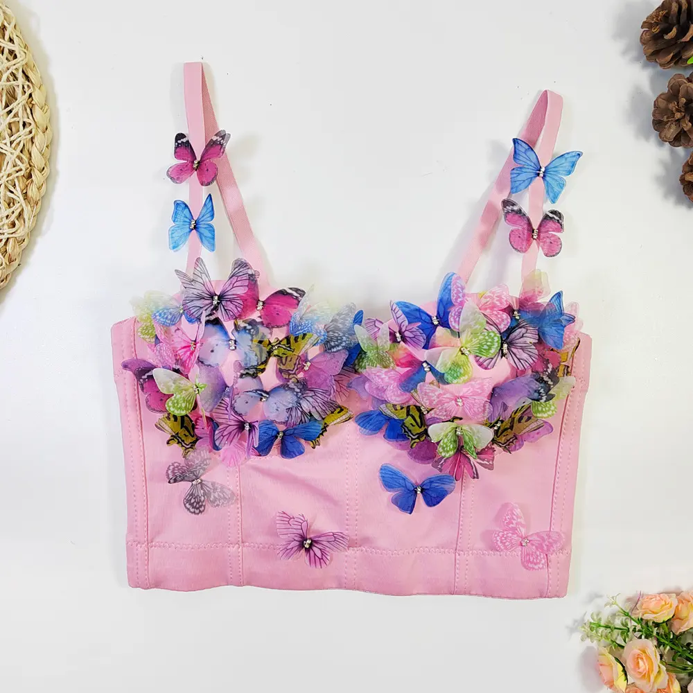 Women's Short Halter Crop Top - Handmade Colorful Rhinestone Butterfly Corset, Sleeveless Summer Party Stage Wear