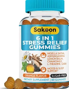 6-in-1 Stress Relief Gummies 60ct - Aids Relaxation with Ashwagandha, GABA, L-theanine, Lemon Balm, Chamomile, Black Cumin Seed Nigella Sativa. Improved Deep Sleep, Joint Support - 60 gummies