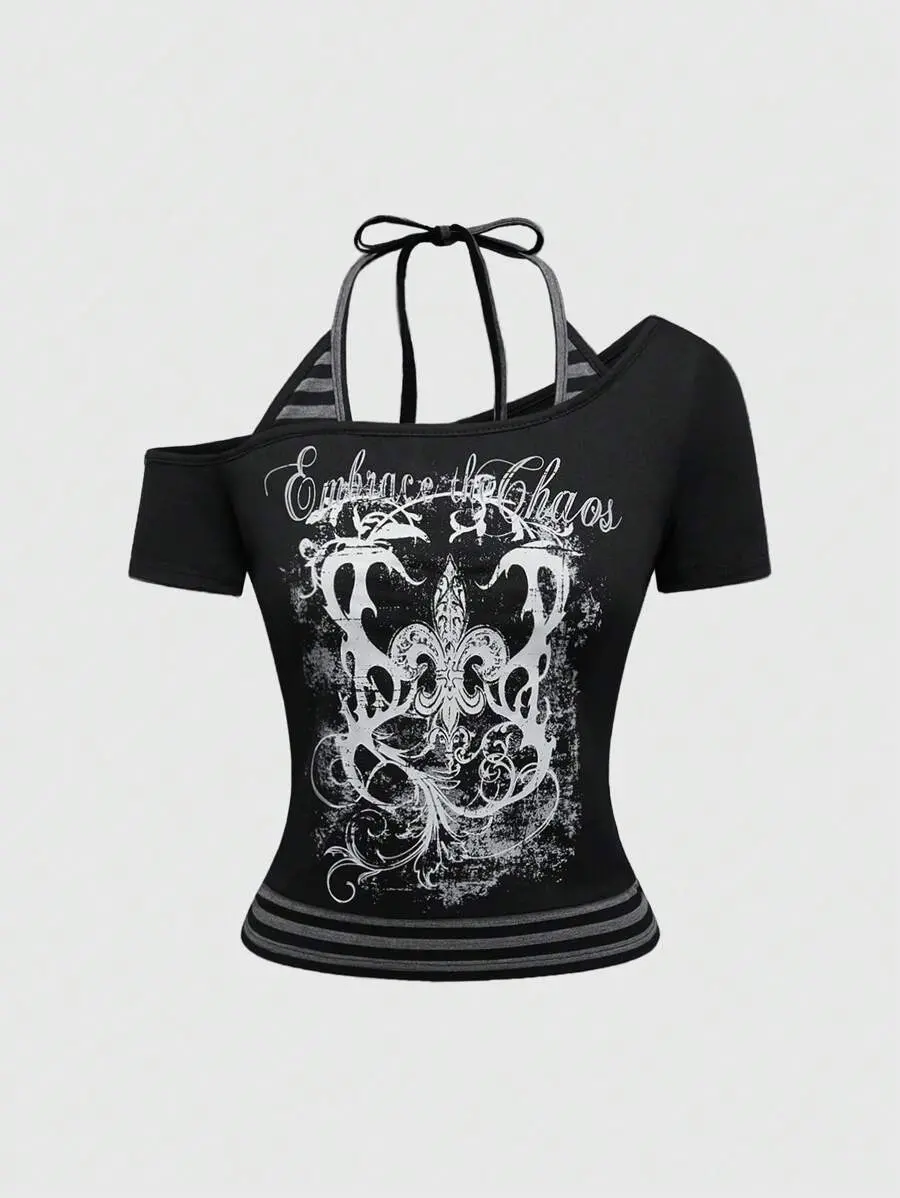 Kloset x Grunge Punk Spring/Summer Graphic Black Gothic Dark Palace Mysterious Cross, Sun & Moon Sexy Black & WAllover Printinted Crop Top For Women