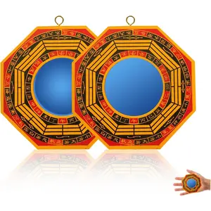 2Pcs 4 Inch Feng Shui Bagua Mirror Outdoor Concave Convex Protection Mirror with Flat Linked Palms Stone Inspired Design for Active Passive Energy Protection