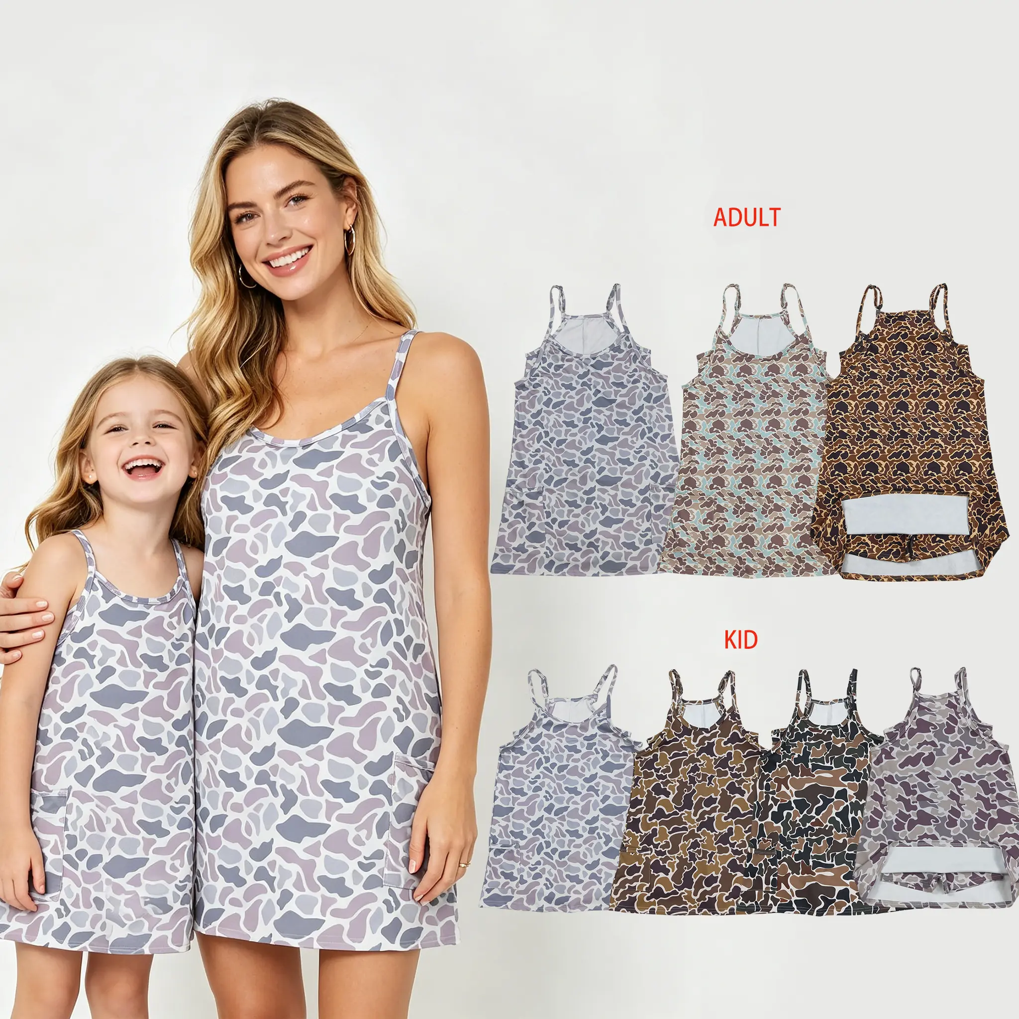 Mommy & Me Grey Camouflage Activewear Sports Dresses - Spandex-Cotton Fabric, Quick Dry Summer Style, Ideal for Gym, Park Twinning, Athletic, Print, Fitnesswear, Clothes, Twinning Camo Set, Mom‑Kid Match Set