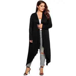 Women’s plus-size open-front drape cardigan with long sleeves, lightweight long duster length; runs long; slim-fit version available