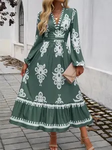 Women's Ethnic Geometric Print Ruffle Hem Shirred A Line Dress, Boho Elegant Bishop Sleeve Deep V Neck Long Sleeve Dress for Fall & Winter, Casual Wear, Women's Clothes for Daily Wear, Bohemian Fit