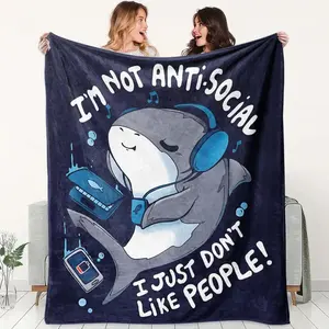 Soft Funny Throw Blanket Cute Shark Theme Flannel Blanket, Full Print Earphone Sharks, Fun Slogan Elements, Soft Healing Funny Style, Perfect Gift Blanket, Lightweight Cozy Blanket