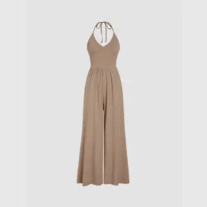 Cider [size 2-10] Halter Neck Solid Wrap Wide Leg Jumpsuit