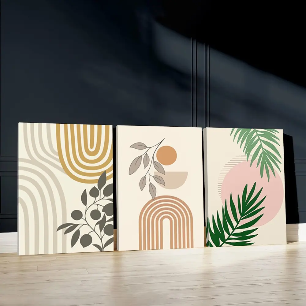 3pcs Set Boho Chic Wall Art, Floral Abstract Design, Nature Elements Poster, Dreamy Vibes Art Prints, Pastel Tones Home Decor, Modern Wall Paintings, Canvas Posters Wall Arts, Decor for Living Room, Bedroom, Housewarming Gift, With Frame