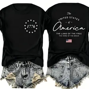 Women's Fitted 1776 American Flag Patriotic Double-Sided Short-Sleeve Tee, Comfortable Fabric Piece summerwins
