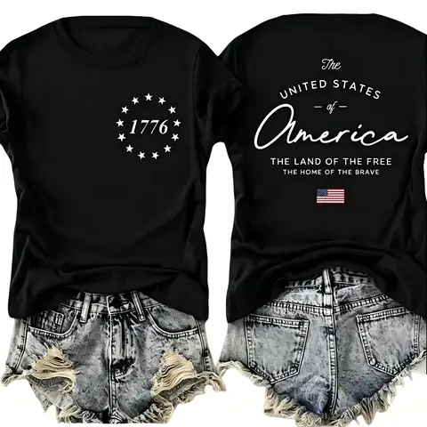 Women's 1776 Patriotic United States Graphic Double-Sided Crew Neck Short Sleeve Black Cotton Print Fabric T-Shirt - Casual Fit, Breathable, 4th of July Design Top for Everyday Wear, 1-Piece