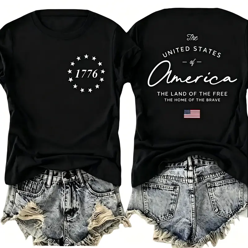 Women's 1776 Patriotic United States Graphic Double-Sided Crew Neck Short Sleeve Black Cotton Print Fabric T-Shirt - Casual Fit, Breathable, 4th of July Design Top for Everyday Wear, 1-Piece