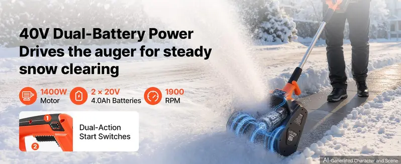 VEVOR Electric Snow Shovel 40V 13.5" Battery-Powered Cordless Snow Blower, for Driveway Patio Deck, Includes 2 x 4Ah Batteries & Charger, 20 ft Throw Distance, 60&deg; Chute, LED Light, Adjustable Handle,toolupgrade