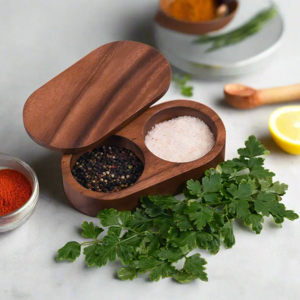 Acacia Wood Small Covered Salt & Pepper Pinch Pot - Moisture-Proof Kitchen Seasoning Utensil with Pinch Access, Natural Look Kosher Cooking Salt Cellar, Hand Wash Recommended