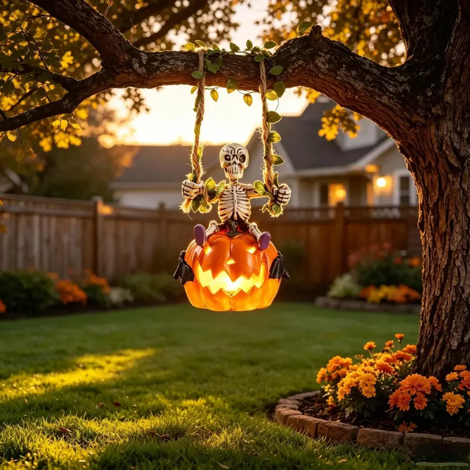Halloween Hanging Skeleton on Pumpkin Swing - Spooky Glowing Jack-o'-Lantern with Skull Figurine, Outdoor Tree Branch Yard Ornament, Creepy-Cute Porch & Patio Decor, Fun Haunted House Prop for Trick-or-Treaters