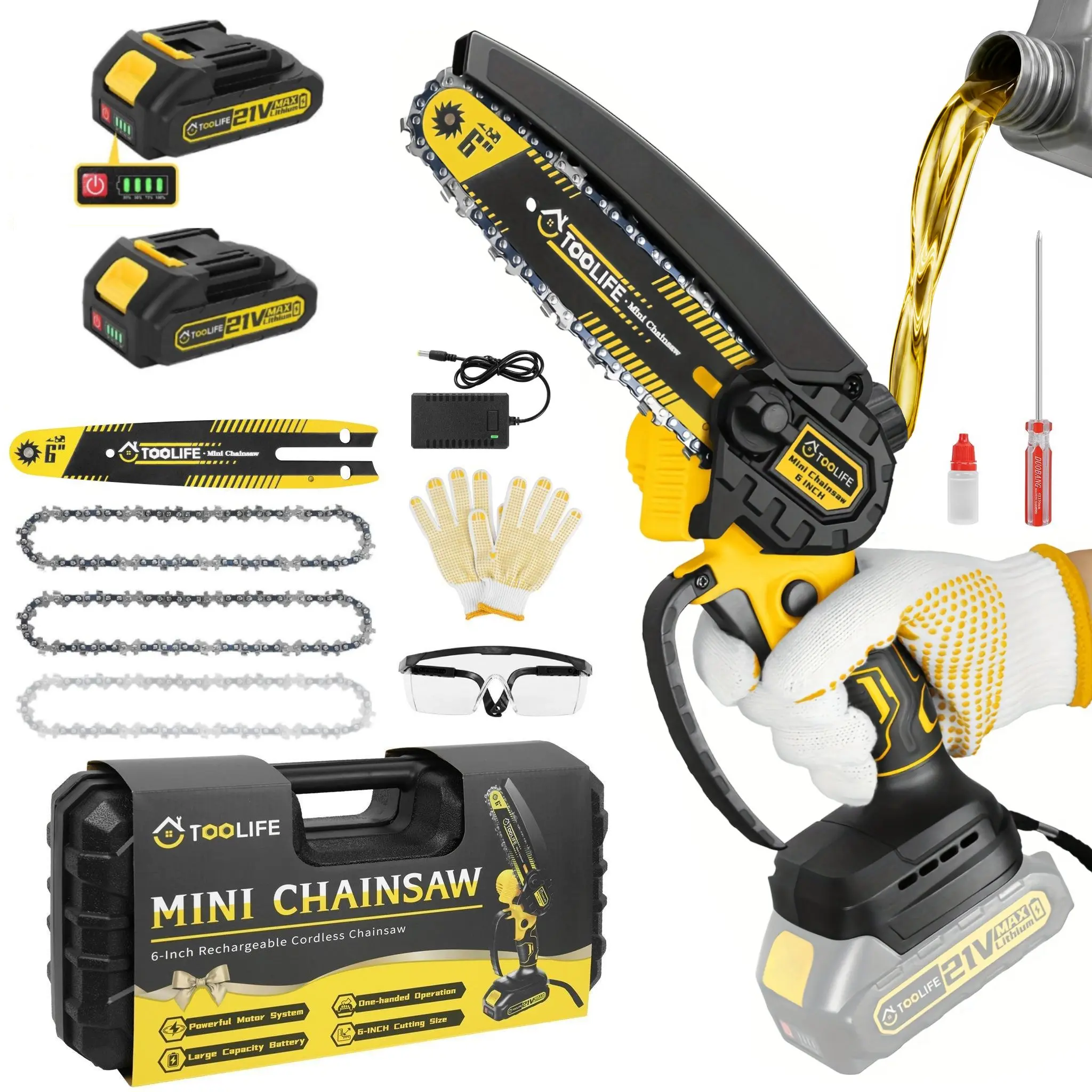 TOOLIFE 6 Inch Mini Chainsaw, New for 2026, Cordless Battery Powered, Hand Held Saw for Wood/Trees Trimming, Sawzall for Household and Garden